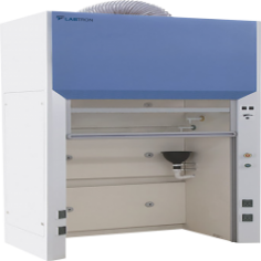 Labtron Walk-In Fume Hood is floor-mounted with a large opening, 1150 m³/h airflow, dual LED lamps, acid-resistant melamine, and dimensions of 980 × 600 × 1650 mm. It has a max opening of 1300 mm and offers a large exhaust system, an optional filter to reduce environmental pollution.
