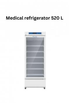 Labtron medical refrigerator is an upright unit with a durable structural plate exterior and an ABS/stainless steel interior. It features a 520 L capacity, precise temperature control ranging from 2°C to 8°C, and a 2 layer glass door with inert gas for enhanced insulation.