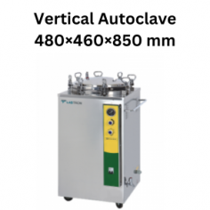 Labtron vertical autoclave is designed with a top loading sterilizing unit, a door design (with lock) adopted with a silicone rubber seal to prevent steam leakage, and a manual water loading system. It features a double-scale indication pressure gauge and is equipped with a safety valve, an electronic circuit safety system, and an emergency exhaust switch.