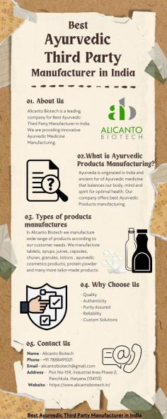 Best Ayurvedic Third Party Manufacturer in India
Alicanto Biotech is a leading company for Best Ayurvedic Third Party Manufacturer in India. We are provides best service for Ayurvedic Medicine Manufacturing in all overs india. Join hands with us and get the best Ayurvedic Manufacturing services in India. Call now:+917888491021.

Read More:- https://www.alicantobiotech.in/best-ayurvedic-third-party-manufacturer-in-india/