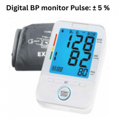 Medzer Digital BP Monitor uses the oscillometric method with an 80 × 72 mm backlit LED display. It has a one-press START/STOP button, stores 90 records for 2 users, detects irregular heartbeats, includes a WHO BP classification indicator, and offers accuracy of ±3 mmHg and ±5% pulse.
