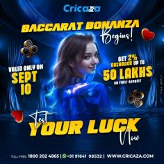 Get ready to experience the thrill of baccarat like never before! Our latest promotion offers you the chance to win cashback of up to a staggering 50 lakhs. Simply play baccarat on our platform and earn cashback rewards based on your wagering activity. The more you play, the more you win! Don't miss out on this incredible opportunity to turn your luck into massive rewards. To know more visit us: https://cricaza.com/