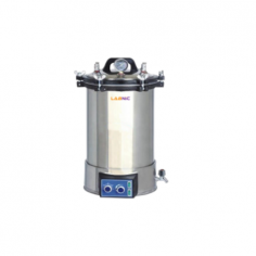 Labnic Portable Steam Sterilizer is an 18L top-loading, self-contained electric unit with an immersion heating element, automatic release valve, and 0-60 min timer. It operates at 126°C, 0.14-0.16 MPa, with overheat, pressure and low water level alerts for safety.