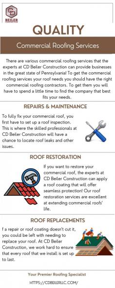 Are you looking for high-quality commercial roofing services in your area? If yes, then your search ends now. We are experts in identifying any roof problems and determining the most effective and efficient solution. So if you need commercial roofing services Chester County PA, don't hesitate to contact us at 717-747-4037. Website: https://cdbeilerllc.com/commercial-roofing-companies-chester-county-pa/