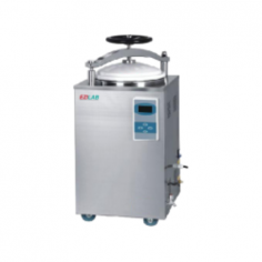 Ezilab Vertical Pressure Steam Steriliser has a 35L chamber, 0.22 MPa working pressure, a working temperature range of 0-134°C, and a 0-99 min timer. It includes durable stainless steel, auto-cool air discharge, a safety door lock, an LCD display, and over-temp/pressure protection