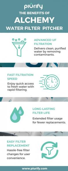 Searching for a water filter pitcher that delivers top-notch performance and convenience? The Piurify Alchemy Automatic Water Filter Pitcher combines advanced UF filtration technology with rapid filtration speed and long-lasting filter life, ensuring your water is always pure and refreshing. Plus, with easy-to-replace filters, maintaining your pitcher is quick and effortless. Learn more about how Piurify Alchemy can elevate your hydration experience by visiting our website.