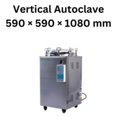 Labtron Vertical Laboratory Autoclave is a 100L CE-certified unit that operates in a 105-134°C temperature range with 0.23 MPa maximum pressure and a 0–99 min timer range. It features a digital display, auto shutdown, safety valves, interlocks, and 2 baskets.