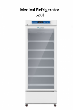 Labtron medical refrigerator is an upright unit with a durable structural plate exterior and an ABS/stainless steel interior. It features a 520 L capacity, precise temperature control ranging from 2°C to 8°C, and a 2 layer glass door with inert gas for enhanced insulation.