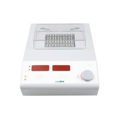 Labzee Dry Bath is a compact, advanced device with a temperature range of RT+5 to 105°C`, accuracy of 0.3-0.6°C, and an LED display. It features knob adjustments, overheating protection, a sound reminder, and a lid to maintain heat and prevent contamination.