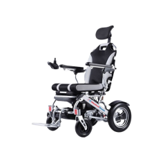 Labtron Reclining Power Wheelchair supports up to 135 kg with an adjustable seat width of 45 to 52 cm and a seat depth of 45 cm. It features a 52 cm backrest height and 50 cm floor-to-seat height. Built with lightweight aircraft-grade aluminum, it has 8" front casters and 12.5" rear wheels with self-absorb technology.