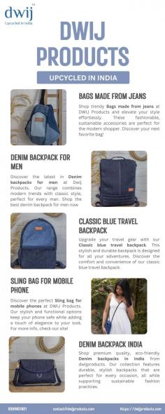 Shop premium quality, eco-friendly denim backpacks in India from dwijproducts. Our collection features durable, stylish backpacks that are perfect for every occasion, all while supporting sustainable fashion practices. Discover the ultimate combination of style and environmental responsibility.

More info
Email Id	contact@dwijproducts.com
Phone No	8369051021	
Website	https://dwijproducts.com/collections/backpacks
