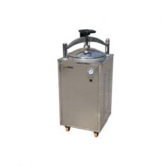 Labdex top-loading vertical autoclave, with a 30L capacity, operates at 126°C-128°C and 0.145-0.165 MPa pressure. It includes a quick-open handwheel door, self-expandable sealing ring, and dual-scale pressure gauge, along with safety features like a mechanical interlock and water-shortage protection.