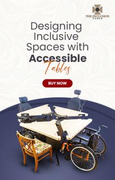 Experience the ultimate dining convenience with our height-adjustable table by Inclusion Table. Perfect for wheelchair users, this adjustable dining table offers versatility and comfort.
