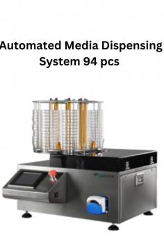 Labtron Automated Media Dispensing System features a main control, rotor, and carousel with a 5.7" touchscreen. It dispenses 500 dishes/hour (20 ml), holds 94 petri dishes, and offers manual filling from 1-999 ml with flow rates of 600 ml/min or 1000 ml/min. UV protection ensures safe operation.
