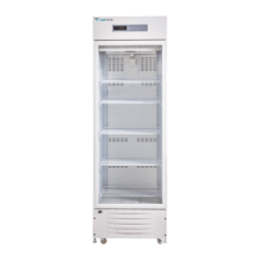 Labtron medical refrigerator is an upright 260L freezer with a 2-8°C range, featuring CFC-free refrigerant and advanced sensors for precise control. It includes a lockable single glass door, lockable casters for easy mobility, and an electrical heater to prevent condensation on the glass.