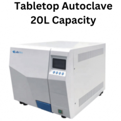 Labnics Tabletop Autoclave features a 20 L capacity, 304 stainless steel body, and a max working pressure of 0.23 MPa. It offers a time range of 0-99 minutes, front loading with a secure lock system, and inner steam circulation for efficient sterilization without steam discharge.