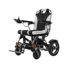 Labtron MD-FPW-1000 foldable power wheelchair supports up to 135 kg and offers a 45 cm wide and 45 cm deep seat. It features a 51 cm backrest height and a 50 cm floor-to-seat height. Built with aircraft-grade aluminum, it has 8-inch front casters and 12.5-inch rear wheels with suspension and 8 cm ground clearance.