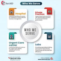 "At eServMD, we take pride in serving a diverse range of healthcare providers. From individual physicians to large medical groups, our expertise in medical billing ensures that you can focus on what matters most—providing quality care to your patients. Whether you're a specialist, a primary care provider, or running a healthcare facility, eServMD is here to support your practice with seamless billing solutions tailored to your needs. Trust us to handle the complexities, so you can concentrate on making a difference. 

https://www.eservmd.com/