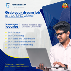 The SAP Course in Mumbai offered by Connecting Dots ERP provides top-tier training in SAP modules, including FICO, HCM, MM, and more. Designed for both beginners and professionals, the course offers hands-on experience with real-world projects, making you industry-ready. With expert instructors, practical learning, and 100% placement support, this course ensures that you acquire the skills necessary to succeed in SAP-related roles. Whether you're looking to advance your career or shift into SAP, this course is a comprehensive pathway to success. Enroll now to become a certified SAP professional in Mumbai!