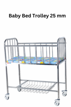 Abimed baby bed trolley  is a lightweight, pediatric-focused trolley featuring durable stainless steel guard rails and a 25 mm diameter tube for strength. It offers ample space for the child and includes a sundries basket for storing essentials.
