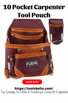 The 10 Pocket Carpenter Tool Pouch by Fueri is the perfect tool organizer for carpenters. Made with premium leather, it features ten pockets that are designed to keep tools organized and within easy reach. The double-layered leather bottom and reinforced rivets provide strength and longevity, making this pouch ideal for heavy-duty tasks. With two metal hammer holders and spacious pockets, it ensures maximum convenience on the job site.