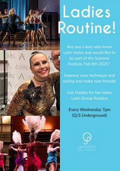 Ladies, ladies, ladies! Do we have a treat for you!? Join Natalia on Wednesday night in the QS underground to hear about her sexy, sultry, Latino flavoured Ladies Routine for the Summer Festival 2025. Get to know other QS members by training alongside them every week for the next 6 months to put together a vibrant and energetic routine. Sounds intriguing...? Then see you Wednesday.  https://www.quicksteps.com.au/