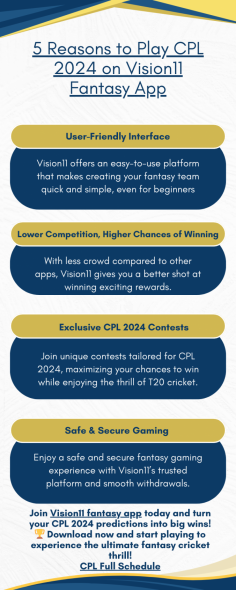 Join Vision11 today and turn your CPL 2024 predictions into big wins! Download now and start playing to experience the ultimate fantasy cricket thrill! CPL Full Schedule Blog.

