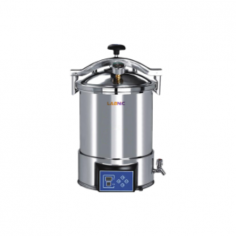 Labnic Portable Steam Sterilizer with 18L capacity features a microprocessor control unit, an adjustable temperature range of 105–126°C, and a timer of 0–99 mins. It operates at 0.14–0.16 MPa pressure, has overheat and pressure warnings, and has a durable stainless steel body.