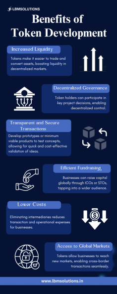 This infographic highlights the key benefits of token development, including increased liquidity, decentralized governance, secure transactions, efficient fundraising, lower costs, and access to global markets. Tokenization helps businesses streamline operations, enhance security, and unlock new opportunities in decentralized finance. By leveraging blockchain technology, tokens offer a more efficient and transparent way to manage digital assets.
