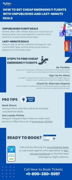 Need to book an emergency flight without breaking the bank? This infographic provides tips on finding cheap emergency flights using unpublished deals and last-minute offers. Learn how to be flexible with dates, use flight alerts, and find hidden discounts to save on urgent travel. Secure affordable flights quickly and stress-free!