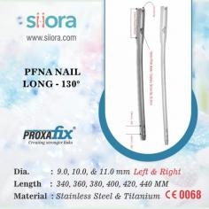 PFNA Nail Long 130⁰ is an intramedullary implant which is used for treating different types of fractures in the proximal femur. They are ideal to be applied for low and extended subtrochanteric fractures, combination fractures in the proximal femur, and ipsilateral trochanteric fractures. These PFNA long nails have an anatomical design which ensures optimal fitting in the femur. The tip of these nails is known for easy insertion while reducing stress on the bone. A CE-certified range of these nails can be availed from Siora Surgicals Pvt. Ltd., a renowned orthopedic manufacturer in India.