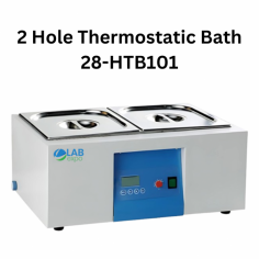 Lab Expo 2 Hole Thermostatic Bath offers a 6.3 L capacity with a 5 °C to 100 °C range, durable steel construction, and U-type bottom heating for efficient control. It features PID temperature control, touch buttons, automated backup, and safety protections like over-temperature alarms and short-circuit safeguards.