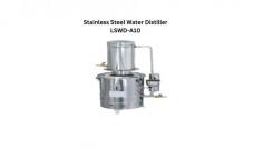 Labtron stainless steel water distiller is a floor-mounted, single-reservoir unit with a capacity of 5 L/hr and a water consumption ratio of 1:10, featuring a corrosion-proof reservoir, shunt valve for flow regulation, and gas venting for optimal performance.