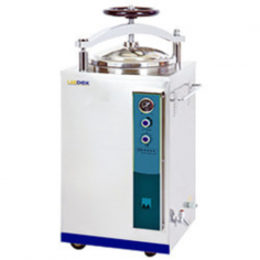 Labdex Vertical Autoclave with a 35L capacity sterilizes at 105°C to 134°C and has a maximum working pressure of 0.23 Mpa. It features a 0-60 minute timer, dual stainless steel baskets with auto-shutoff for low water safety locks, overheat and pressure protection, and a PT/TT test interface for easy testing.