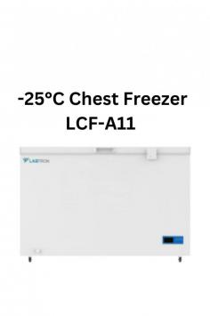 Labtron  -25°C Chest Freezer with 358L offers temperature range of -10 to -25°C with direct cooling and manual defrost. It features a microprocessor controller, digital display, upward door with balancing hinge, advanced alarm system, and turn-on delay protection.