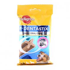 Pedigree Dentastix for small dogs is specifically developed for small size dog mouth. A perfect product for dog’s oral hygiene, these chews gently removes plaque and tartar. With scientifically proven active ingredients and special X shape design, it effectively cleans in between teeth and gum line. It efficiently removes food particles, controls bacteria growth and stops bad odour. It helps to keep teeth strong and gums healthy preventing periodontal diseases. The regular chew treat helps to keep your dog’s dental health at optimum.