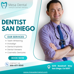 Looking for the best Dentist in San Diego? Mesa Dental offers a full range of dental services, from routine checkups to advanced cosmetic and restorative treatments. Our experienced team is dedicated to providing personalized care in a comfortable environment. Schedule your appointment today for a healthier, brighter smile!