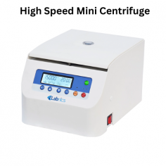 Labnics High Speed Mini Centrifuge is microprocessor controlled and reaches speeds up to 16500 revolutions per minute. It offers adjustable speed with high accuracy, reaching centrifugal forces up to 19480 times gravity, and has a 10 by 5 milliliter capacity. It features low noise under 55 decibels.
