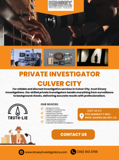 Protect your business or personal interests with a private investigator in Culver City at Kinsey Investigations. Specializing in corporate security investigations and personal cases like infidelity and missing persons, We offer discreet, effective results. Call now to learn more about our investigative solutions! 