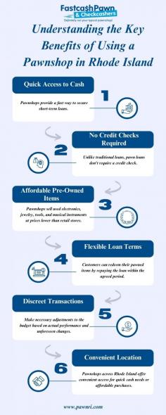 The benefits of using a pawnshop in Rhode Island include quick access to cash without a lengthy approval process, a convenient way to buy and sell valuable items, and flexible loan options secured by collateral. Pawning items can be an alternative to traditional loans, with no credit checks involved. It also offers a place to find quality pre-owned goods, often at more affordable prices. 

Fastcash Pawn & Checkcashers
848 Newport Ave.
Pawtucket, RI, 02861
401-722-1113
https://pawnri.com/
