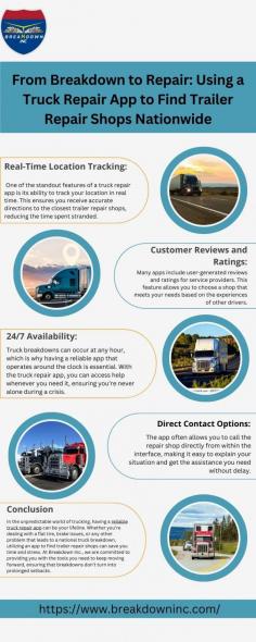 Navigate any national truck breakdown effortlessly with our user-friendly truck repair app. Instantly find reliable trailer repair shops near you, ensuring quick and effective solutions. Our app connects you with trusted professionals, making your repair journey smoother and faster. Stay on the road longer with our app! Visit here to know more:https://breakdowninc.wixsite.com/breakdown/post/from-breakdown-to-repair-using-a-truck-repair-app-to-find-trailer-repair-shops-nationwide