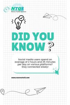 **Social Media Tips from Nuevos TechQ Solutions** 
Get online visibility and engagement with the essential social media tips from Nuevos TechQ Solutions!
### 1. Know Your Audience
While audience is a must and only then you can target them because if you know the interest, preference, and behaviors of your target audience, you can develop the right content that will reach them. More relevant messages equal more engagement!
### 2. Consistent Branding
All the media use one brand voice and style. This will contribute to brand awareness and trust generation. A logo, coloring, and tone identical across all websites generate a unified online presence.

### 3. **Interact Periodically** 
Instead of posting once in a while, interact! Respond to comments, answer questions, and be part of the conversation. Relationships with your audience create loyalty and motivate them to interact further.

### 4. **Good Content
Invest in great images, perhaps accompanied by well-written captions. Great images and videos will likely get the most shares; don't forget, after all, that "content is king!"

### 5. **Leverage Hashtags Effectively**  # The use of hashtags can really boost your visibility, but apply them with purpose. Do your research and find out the most trending hashtags relevant to your business, then throw in your own tags. That way, you will reach more people across the spectrum.

### 6. **Publish when Everyone is Active**
Timing is everything! Review your audience's online activity and post at the times when they are most active to maximize engagement. Each platform varies in when those times are, so do your schedule accordingly.

### 7. **Apply User-Generated Content** Get your followers talking about their experiences with your brand. User-generated content does a couple of things that not only build community but serve as authentic testimonials that will catch new customers' eyes.

### 8. **Track Trends and Insights
Stay on top of trends in social media and analyze your performance with analytics tools. This gives you the insight on what's working well and what isn't so that you can continually improve upon your strategy for even greater success.

### 9. **Run Contests and Giveaways** 
Engage your audience using fun, exciting contests and giveaways. Besides improving engagement, this also brings in new followers and gets people hyped for your brand.

### 10. **Be Authentic
Give a personality to your brand. Share behind the scenes, employee stories, and real-time updates. Authenticity speaks to audiences and may give you an edge in a competitive landscape.

Use these social media tips to increase brand visibility and engagement, which helps grow your business. For custom solutions and strategic advice, get in touch with Nuevos TechQ Solutions now! Let's build your social media strong!