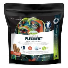 Plexident Dental Chews are specially formulated to keep your dog’s teeth clean, gums healthy and prevent tartar buildup. They are made using exceptional Bacillus subtilis - an oral probiotic that reduces the oral bacteria and acid buffer to neutralize the acid production. The dog dental care chews also contain extracts of pomegranate, grapeseed, and seaweed rich in biochemicals like polyphenols, tannins, and anthocyanidins and have anti-inflammatory properties.