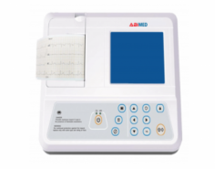 Abimed 3-channel electrocardiograph offers precise results with a high-resolution color LCD. It performs 12-lead ECGs in manual, auto, and arrhythmia analysis modes, featuring a measurement range of 1–5 mVp-p and a frequency response of 0.05 Hz–150 Hz. 