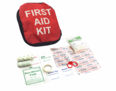 Abimed Mini First Aid Kit includes key essentials like gloves, medical tape, alcohol prep pads, scissors, non-woven pads, adhesive plasters, BZK pads, gauze bandages, and cotton balls. It features a compact, waterproof case with a durable zip and ample storage space, making it easy to carry.