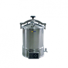  Labdex Portable Autoclave has a 24L chamber operating at 105°C to 126°C with a working pressure of 0.14-0.16 Mpa. It features a 0-99 minute timer, digital display for parameters, automatic power cut-off, low water indication, pressure and overheating indicators, and a dual-scale pressure gauge for safety.