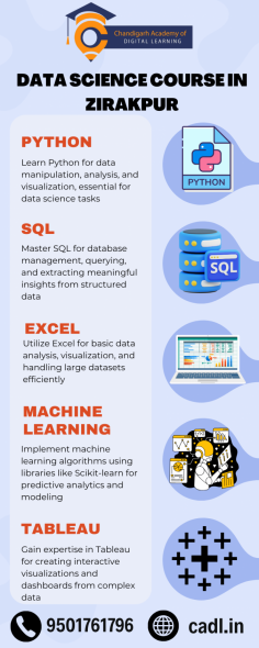 CADL's Data Science Course in Zirakpur offers comprehensive training in data analysis, machine learning, and statistical techniques. Designed for beginners and professionals, the course covers Python programming, data visualization, and advanced analytics, equipping students with in-demand skills for the growing data science field. With practical, hands-on sessions and expert guidance, CADL ensures a deep understanding of real-world data challenges. Ideal for anyone looking to excel in data-driven roles, the course provides certification and career support to help students thrive in the competitive job market.
