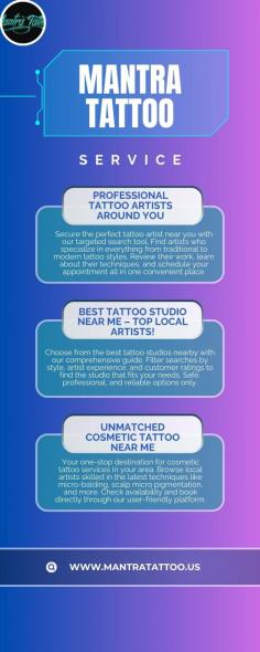 Secure the perfect tattoo artist near you with our targeted search tool. Find artists who specialize in everything from traditional to modern tattoo styles. Review their work, learn about their techniques, and schedule your appointment all in one convenient place.