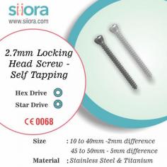 Self tapping locking head screws are used to fix orthopedic devices like locking plates and other implants during fracture fixation. These screws are available in different sizes as required according to the type of fracture. They have a specially designed tip that taps its own hole while being applied to the bone. Moreover, locking head configuration of these screws allow them to be applied at a fixed angle. You can avail of these screws and other CE-certified trauma implants from Siora Surgicals Pvt. Ltd., a renowned orthopedic manufacturer in India. Visit for more information:- https://www.siiora.com/product/2-7mm-locking-head-screw-self-tapping-star-drive-2/