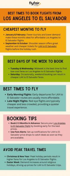 Planning a trip from Los Angeles to El Salvador? Discover the best times to book for maximum savings! This infographic highlights the cheapest months, best days of the week, and top tips for finding affordable flights. Learn how to avoid peak travel times and snag deals on LAX to El Salvador flights. Start planning your trip and save big on your next adventure!